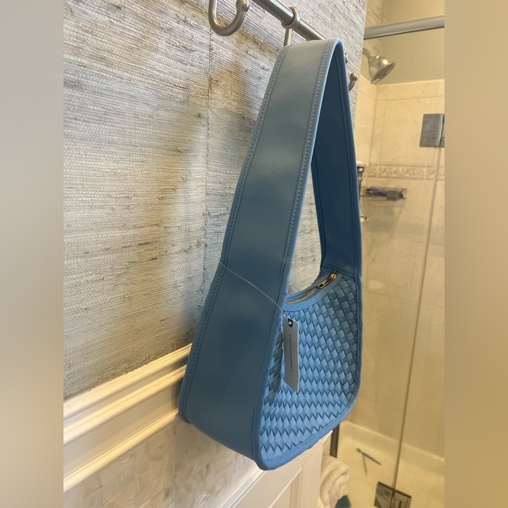 NWT new Anthropologie woven neoprene shoulder bag zip blue nylon purse - Picture 13 of 17